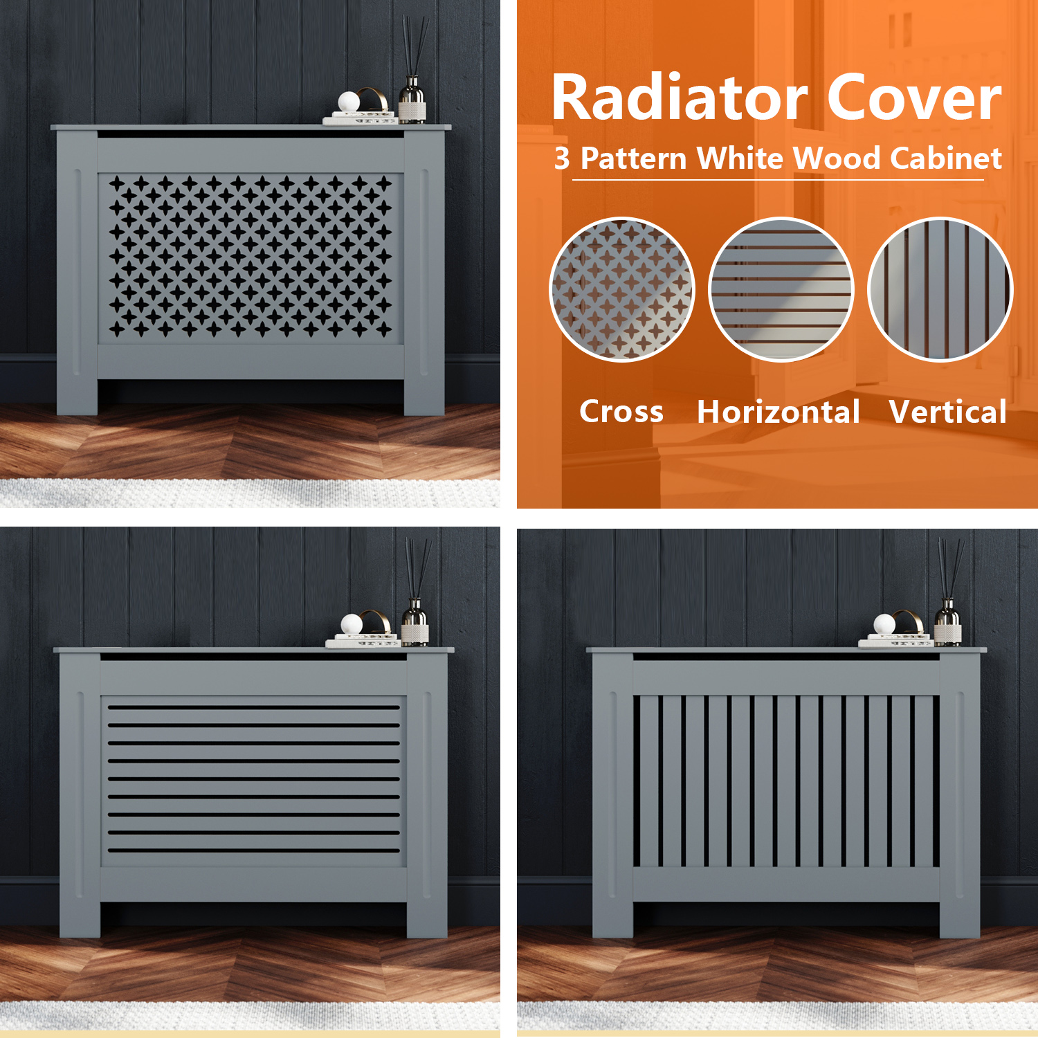 Radiator Cover Grey 3 Grill MDF Wood Panited Wall Traditional